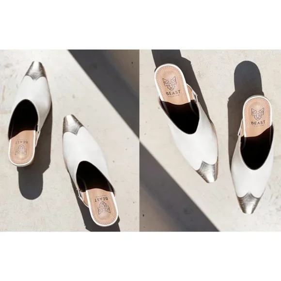 NEW White PU Leather Silver Metal Pointy Square Toe Block Heel Western Mule Shoe - Picture 9 of 13